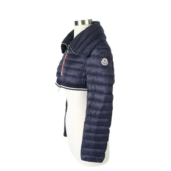 $1,590 Moncler Cropped Lightweight Down Jacket SZ 0/XS Navy Blue RARE